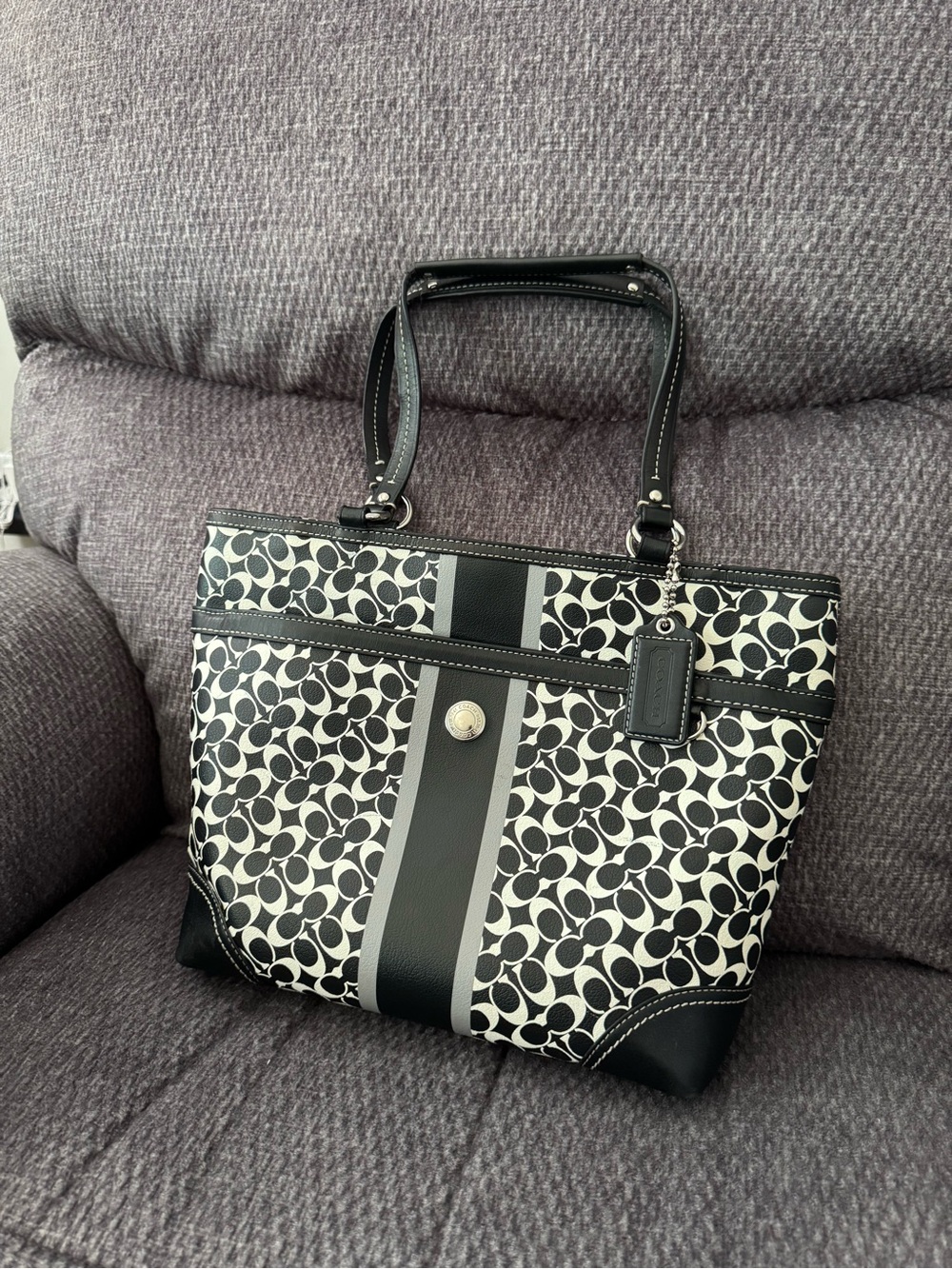 Coach Black & White Signature Stripe Tote